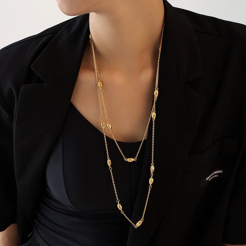 Niche Design Distinctive Long Double-Layer Stacked Bean Wearing Woolen Chain Women'S Simple All-Match Titanium Steel Clavicle Chain - Image 2